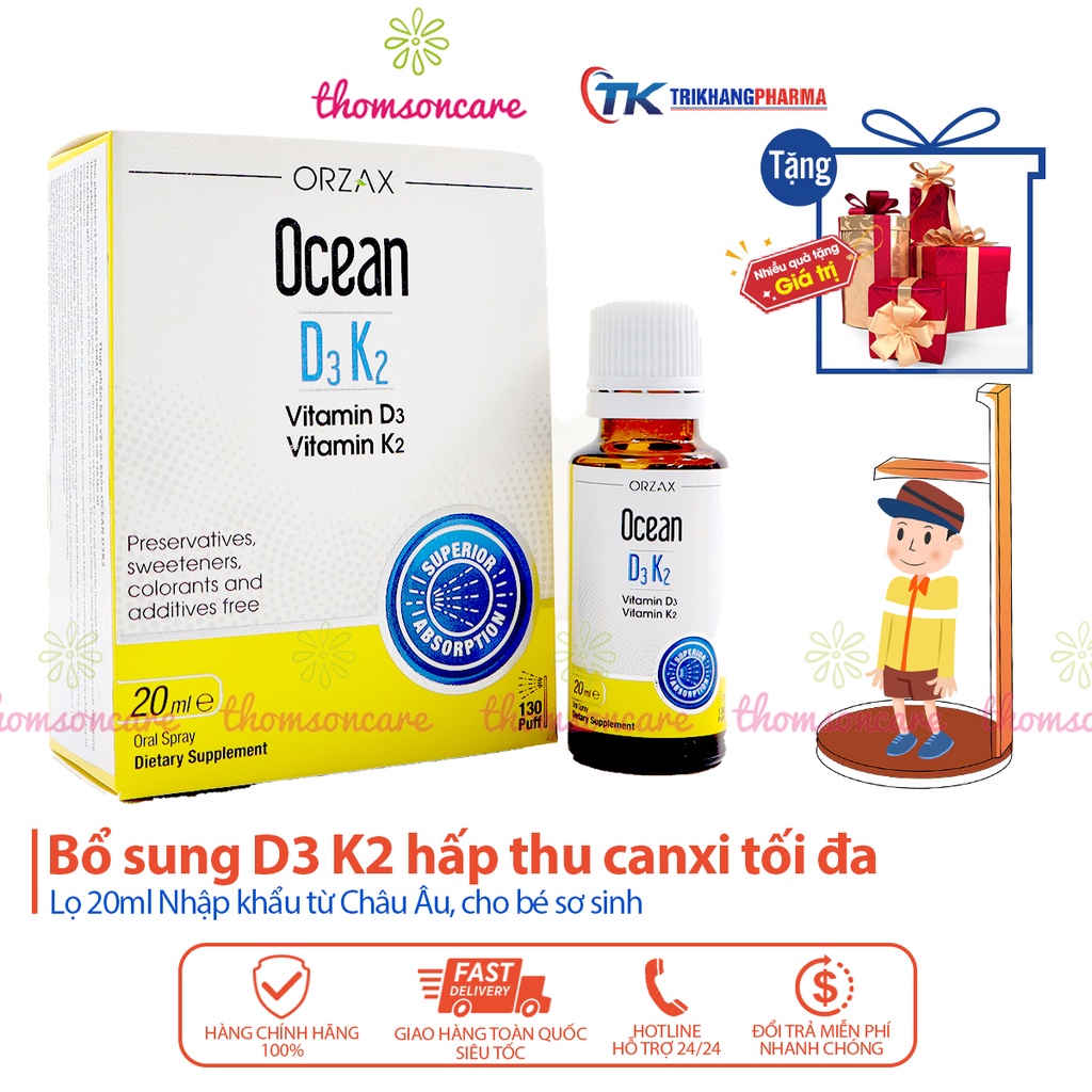 Bổ sung vitamin D3 K2 Ocean dạng nhỏ và xịt - Giúp tăng cường hấp thu Canxi phát triển chiều cao cho trẻ - Chai 20ml