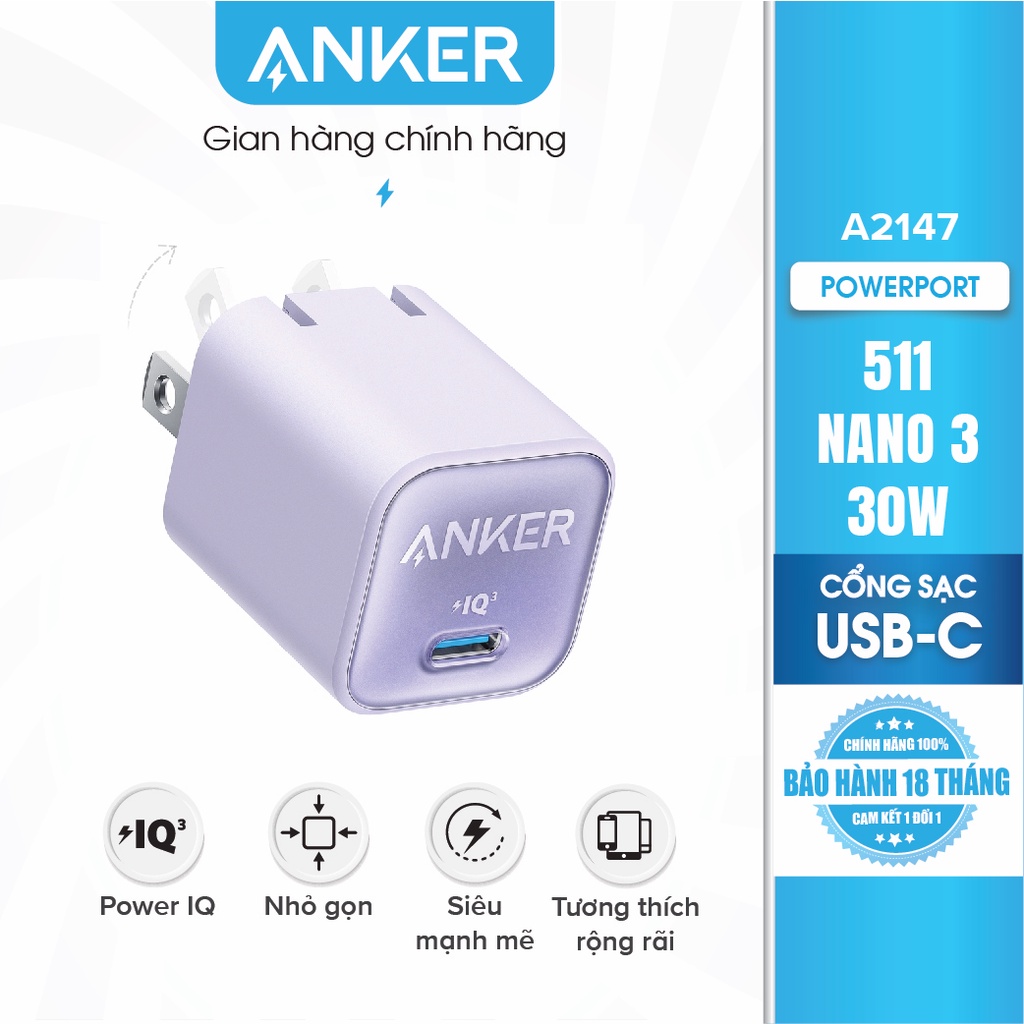 Sạc ANKER 511 Nano 30W 1 cổng USB-C PiQ 3.0 tương thích PD - A2147 - Hỗ trợ sạc nhanh 30W cho iPhone 13 trở lên.