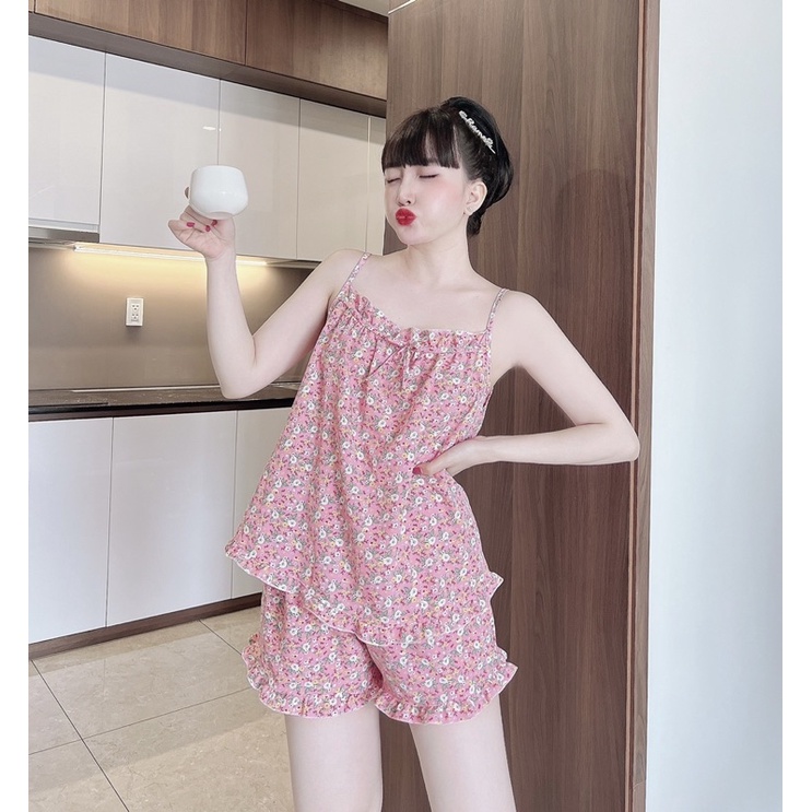 Bộ lụa mặc nhà form rộng đẹp, bộ ngủ hai dây dễ thương