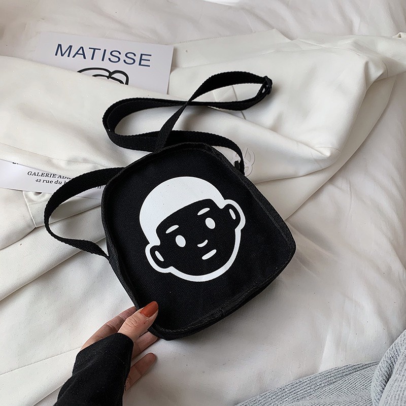 Túi vải tote canvas đeo chéo hình mặt người ngộ nghĩnh đáng yêu phong cách Harajuku Nhật Bản