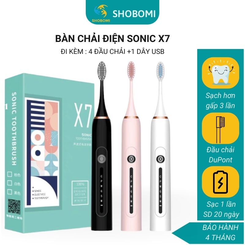 Bàn chải đánh răng điện lông mềm dành cho cặp đôi nam nữ người lớn sạc tự động sonic x7 sạc usb đi kèm 4 đầu chải BCDX7