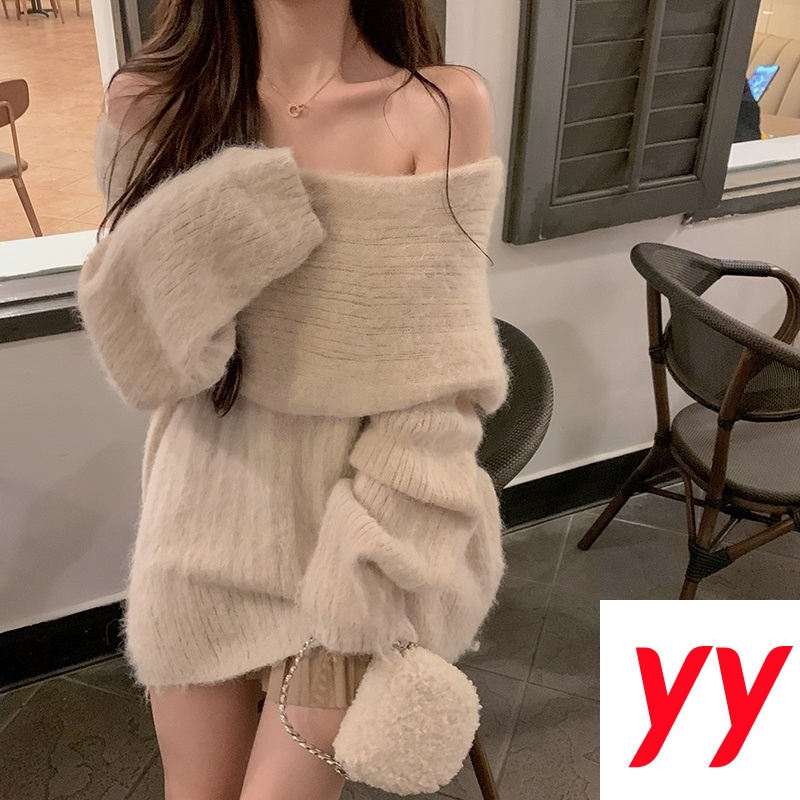 Set Áo Len Tay Dài Trễ Vai + Chân Váy Xếp Ly Lưng Cao Thời Trang Hàn Quốc Cho Nữ