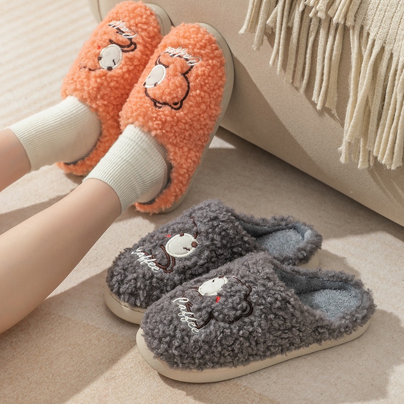 Dép bông đi trong nhà mùa đông, dép lông unisex đế cao su bám sàn tốt, mềm dẻo quai hình cừu lông xù cực cute