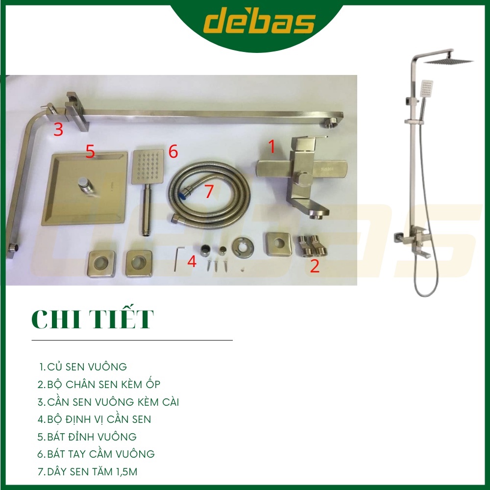 Sen cây inox 304 nóng lạnh vuông cao cấp tắm đứng Debas SCI-03