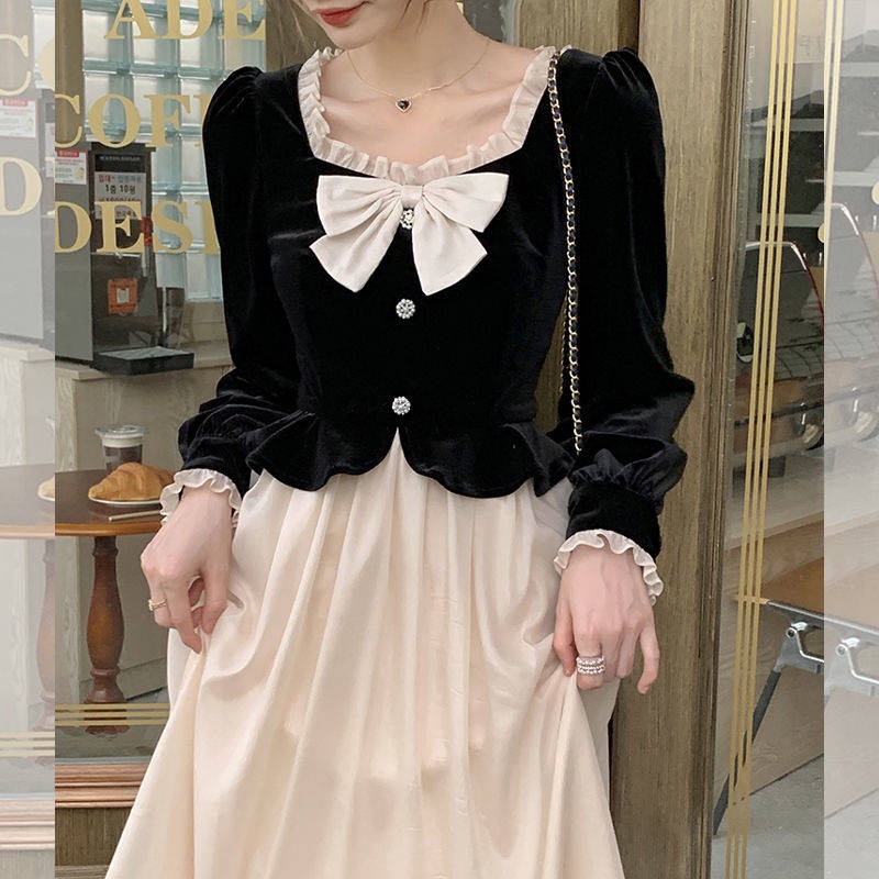 Váy babydoll Xiaoxiang Đầm Nhung Đen Giả Hai Mảnh Dáng Dài Cổ Vuông Thời Trang Thu Đông