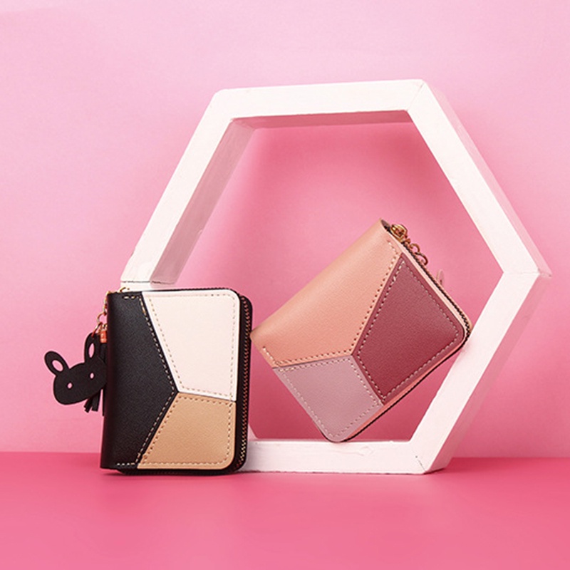 Ví Ngắn Có Khóa Kéo Phối Màu Sắc Tương Phản Phong Cách Hàn Quốc Thời Trang Cho Nữ