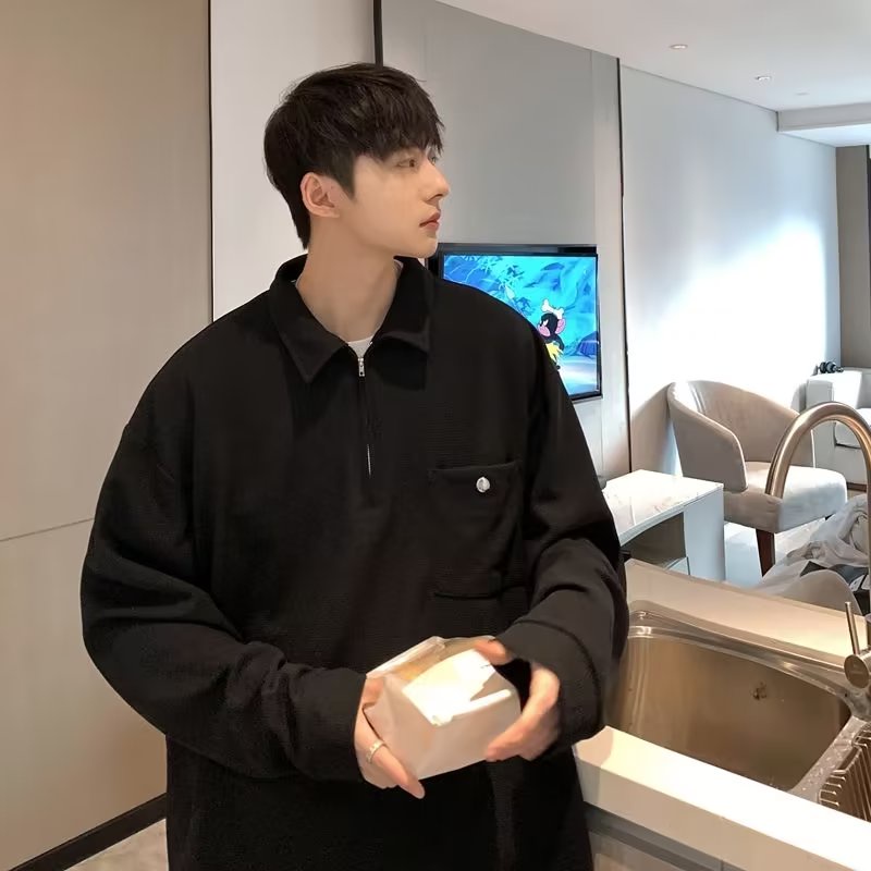 Áo Sơ Mi Polo Dáng Rộng Tay Dài Màu Trơn Đơn Giản Thời Trang Thu Đông Phong Cách Hàn Quốc Cho Nam