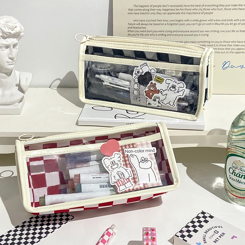 Túi Đựng Bút Họa Tiết Sọc Caro Trong Suốt Sức Chứa Lớn Tiện Dụng Cho Học Sinh