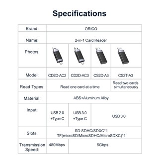 Đầu đọc thẻ nhớ SD TF MicroSD USB Type C ORICO CD2D-AC2/AC3 / 2CR61