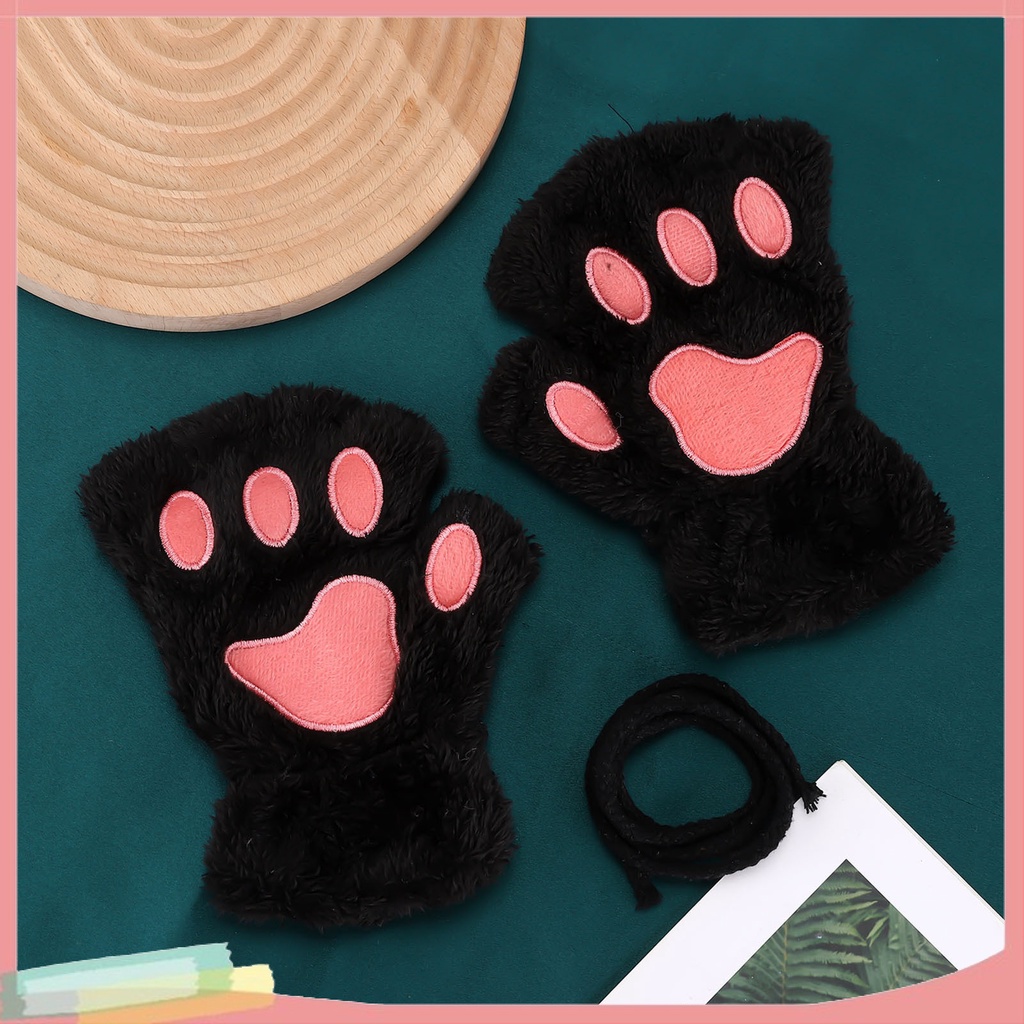 1 Đôi Găng Tay Hở Ngón Phối Lông Xù Dày Dặn Ấm Áp Họa Tiết Chân Mèo Hoạt Hình Cho Nữ