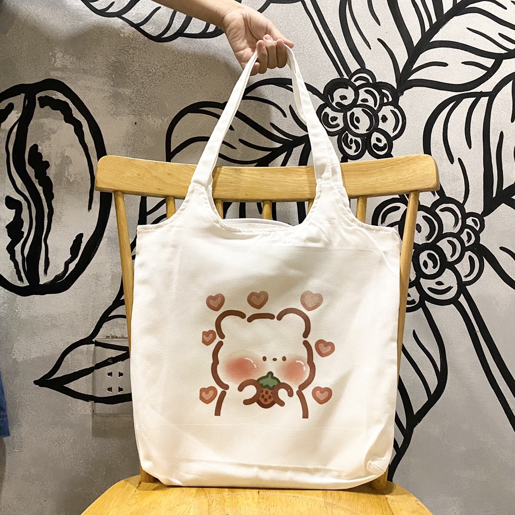 Túi tote, vải canvas 100% poli cao cấp, phong cách thời trang ulzzang, có khoá miệng xịn xò GẤU BÔNG NÂU