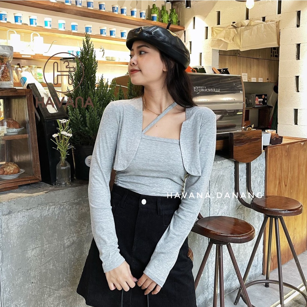 Set áo croptop thun mỏng kèm khoác cardigan, set hai món dây chéo ôm body AE272