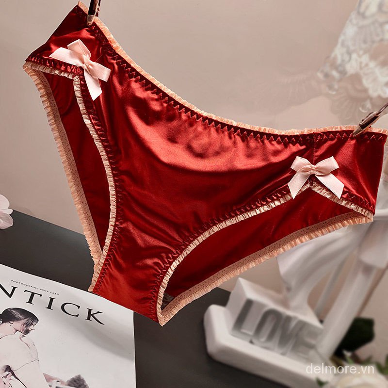 Quần lót satin lụa bóng trơn siêu mượt đính nơ gợi cảm Pink Play mã 039 size L Vòng 3 từ 90-98cm