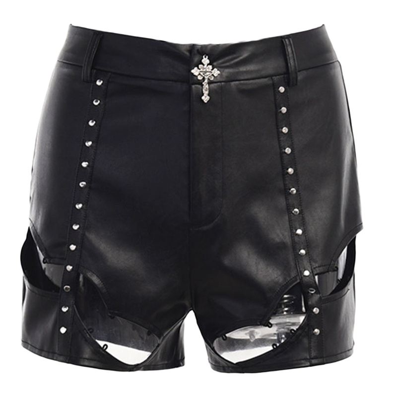 Quần Short Da PU Lưng Cao Phong Cách Gothic