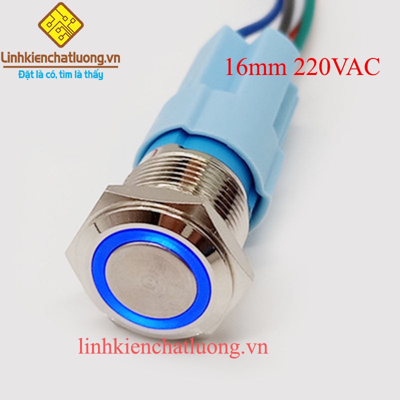 Nút nhấn giữ 16mm hợp kim chống nước có đèn 220VAC (màu xanh dương)