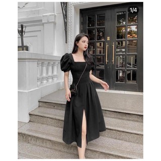 Đầm bigsize cổ vuông tay phồng xếp li xẻ tà thiết kế ( Thời trang Vicky G - Anitagreen ) HN1122