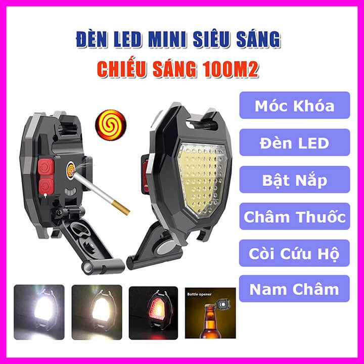 Móc khóa đèn led siêu sáng đa năng 5 trong 1, bật lửa châm thuốc, nam châm, bật nắp, còi báo hiệu