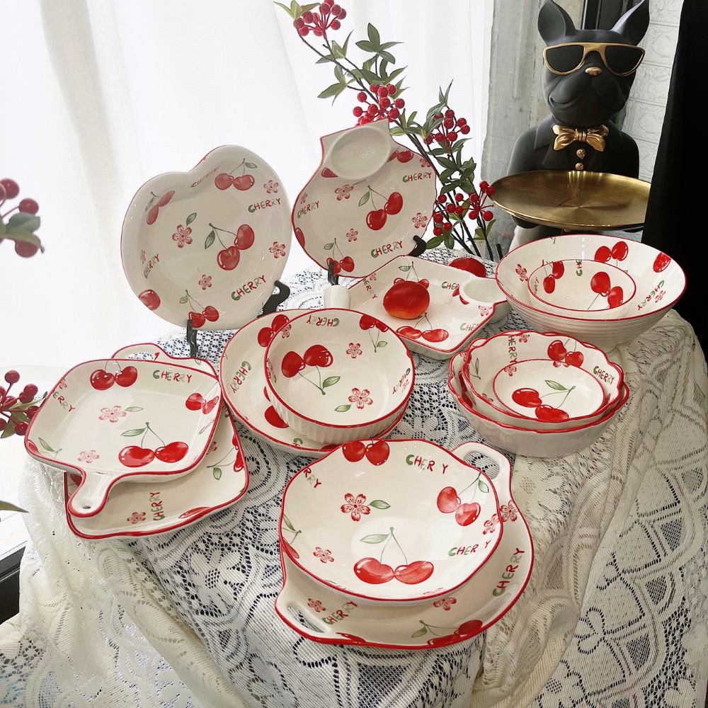 Bát Đĩa Sứ, Bát Ăn Cơm, Decor Xinh Xắn Họa Tiết Cherry Đỏ Mọng