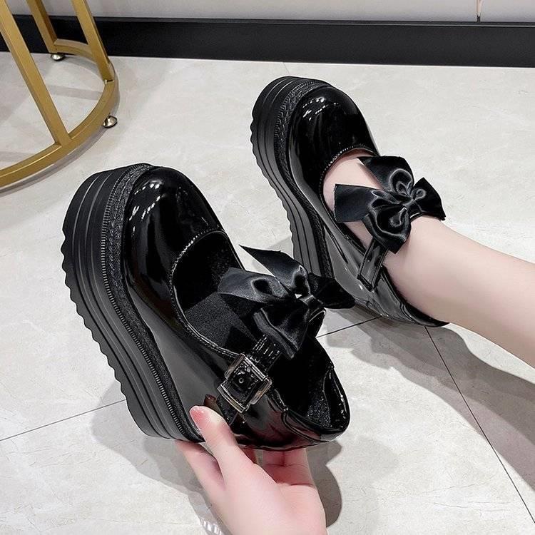 Giày Da Đế Xuồng Cao 12cm Đính Nơ Thời Trang Mùa Thu Cho Nữ