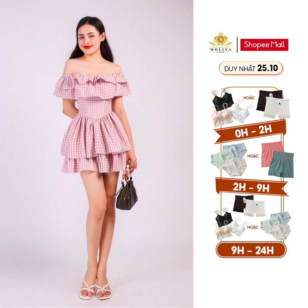 Đầm Trễ Vai Thiết Kế Molina Hai Tầng Nhún Bèo Kẻ Caro Chất Kaki Lụa Mềm Mát