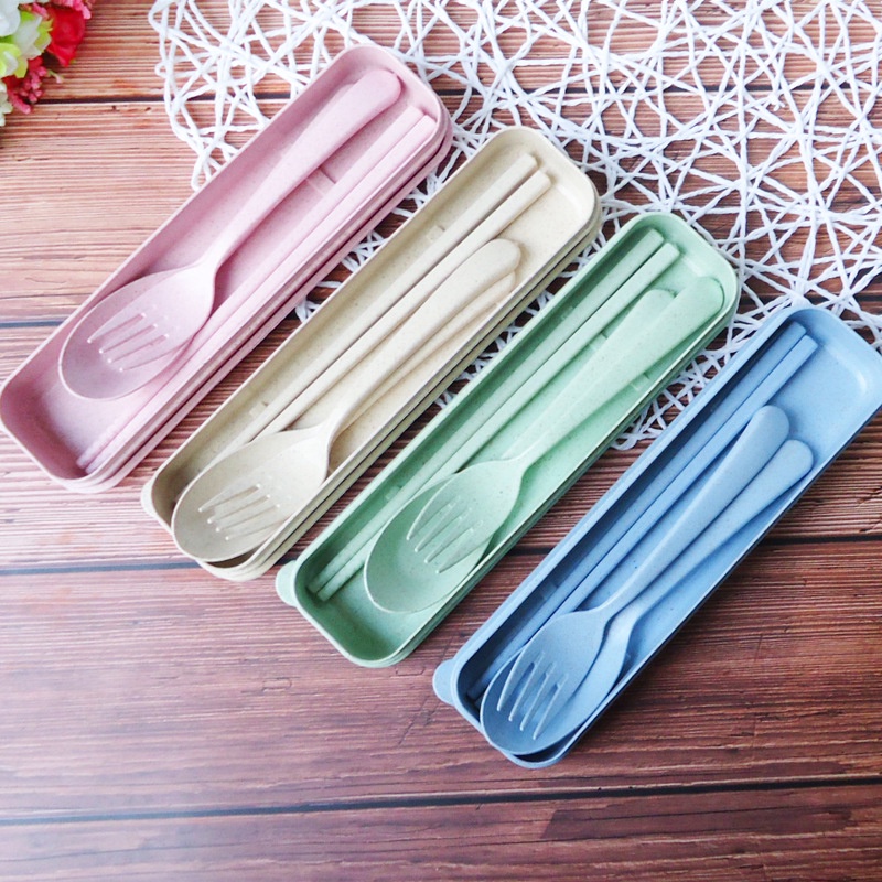 Bộ hộp 3 món thìa, đũa, nĩa lúa mạch bộ đũa muỗng cho dân văn phòng, học sinh an toàn tiện dụng 1601