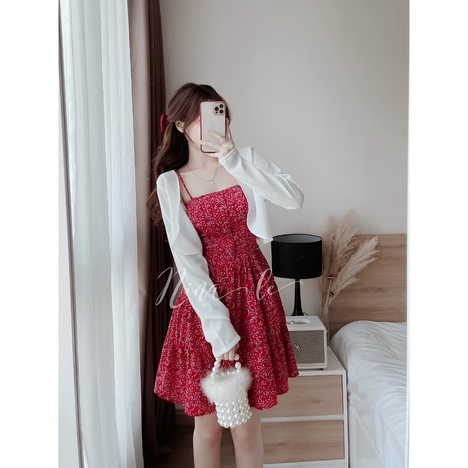 Set bộ đầm 2 dây in hoa dáng xòe ( có mút ngực ) kèm áo khoác trắng sang chảnh