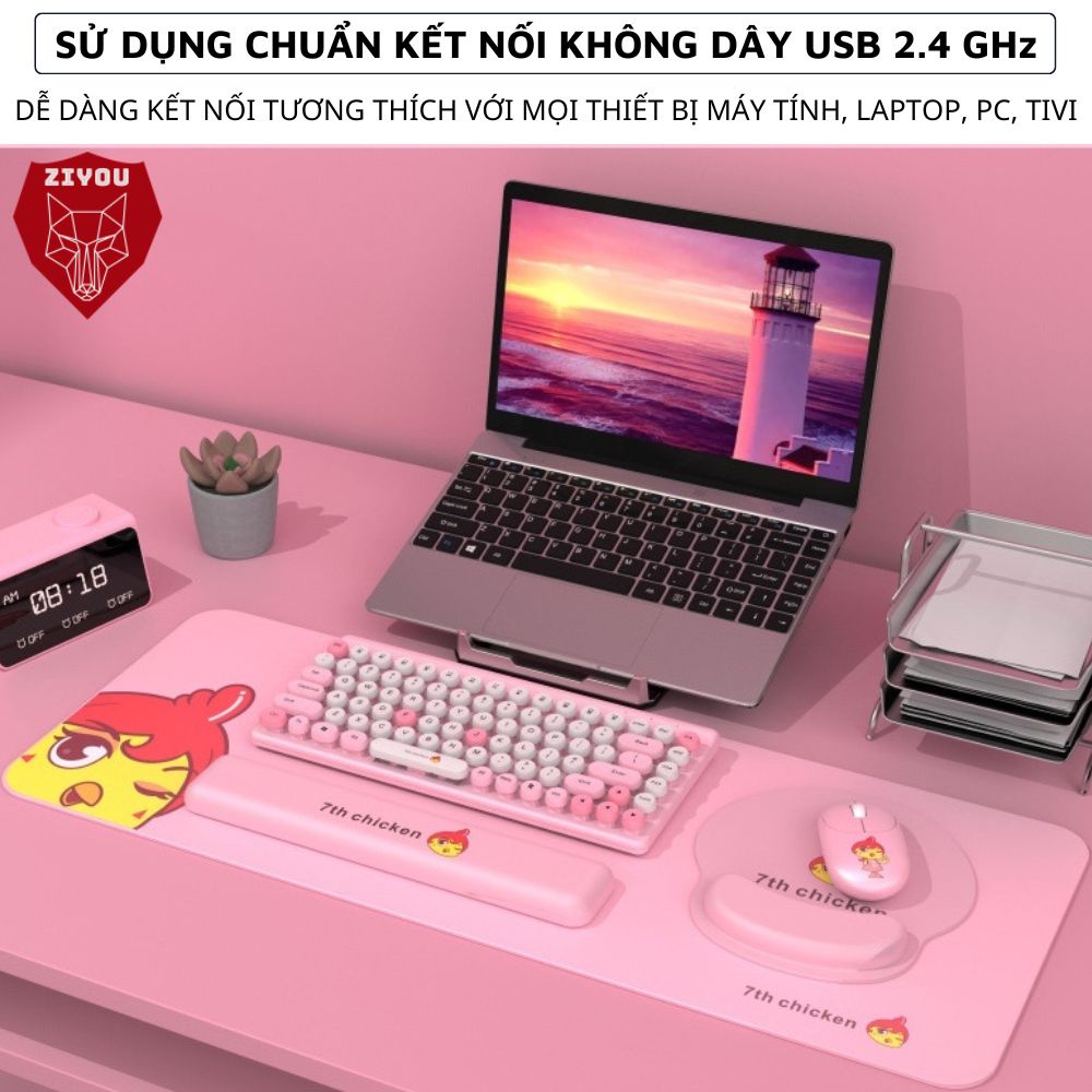 Bàn Phím Và Chuột Không Dây Ziyou QW02 Màu Cực Đẹp Phím Bấm Êm Kết Nối Máy Tính Laptop PC + Tặng Lót