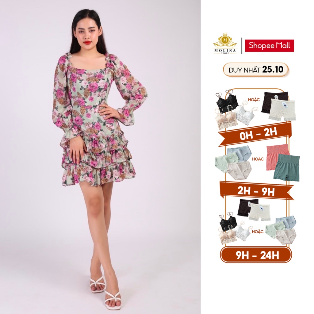 Đầm Hoa Thiết Kế Molina Cổ Vuông Tay Dài Chun Bèo Tầng Chất Lụa Cao Cấp