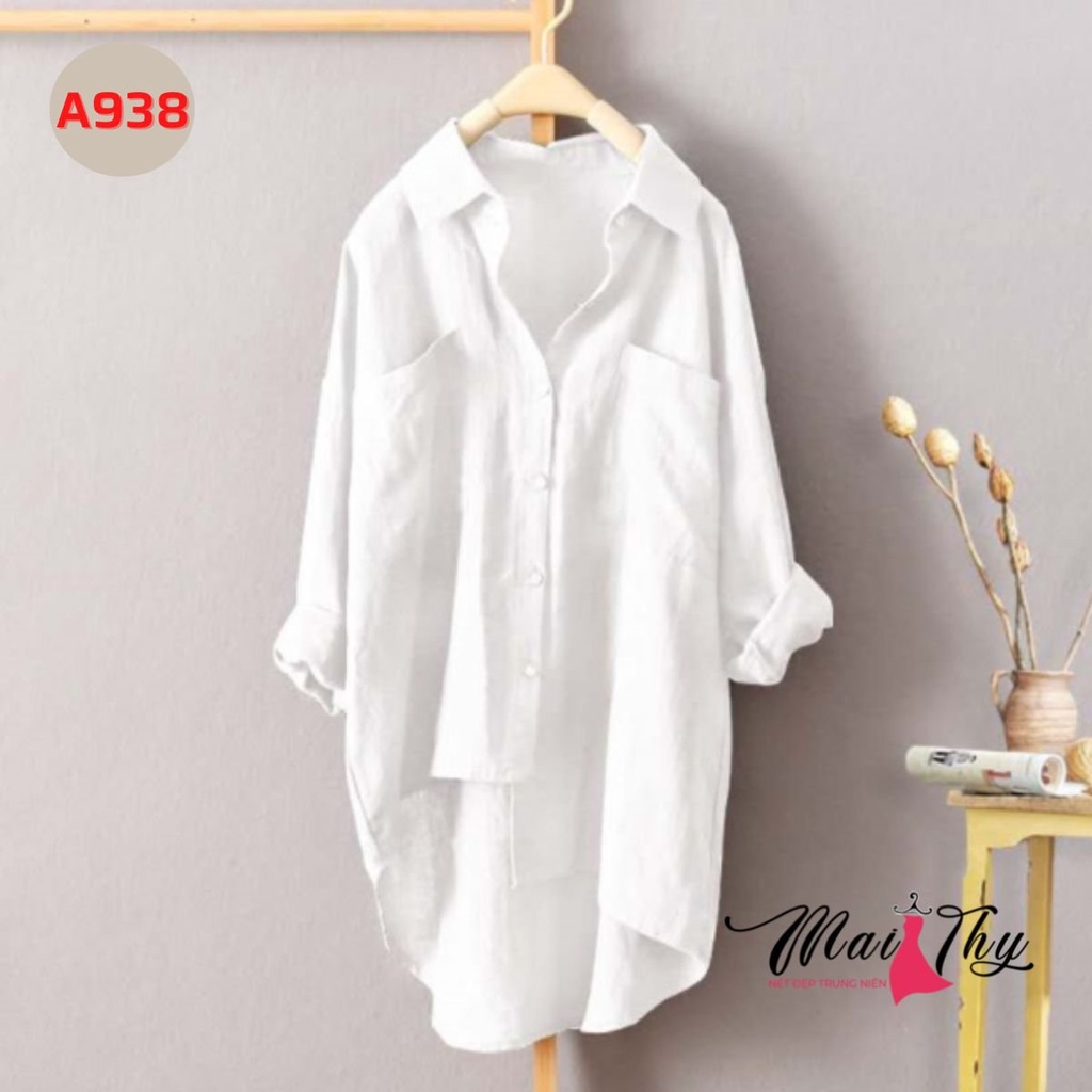 Áo Sơ Mi Nữ Bigsize Trung Niên Dài Tay Form Rộng Kiểu Lệch Tà Mới Lạ A938, Đũi Tơ Xước, Mềm Mát, Mẫu Trung Niên Tay Lỡ