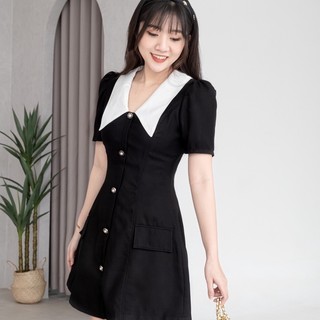 Đầm YEONA - Đầm cổ lá sen đính nút