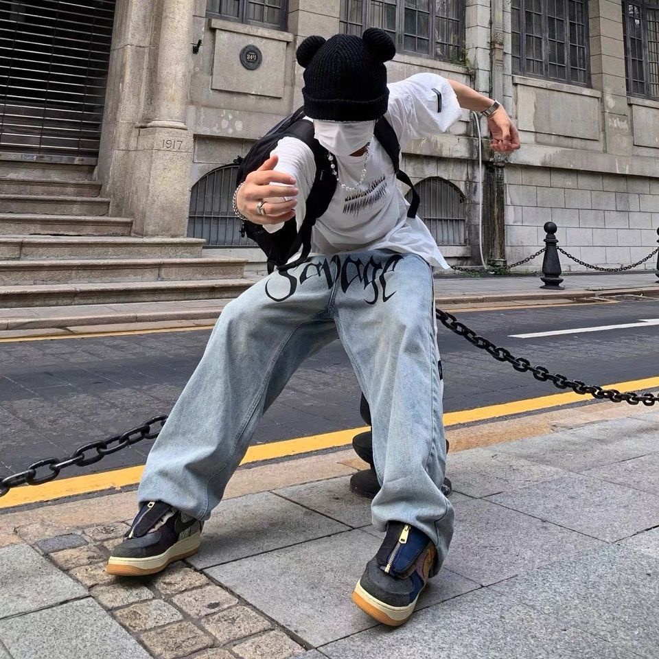 Quần Jean Dài Dáng Rộng In Chữ Màu Sáng Phong Cách Hip Hop Thời Trang Âu Mỹ Cá Tính Cho Nam