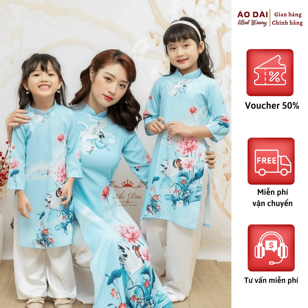 Áo dài mẹ và bé màu xanh ngọc chất lụa đẹp thêu hoa dịu dàng