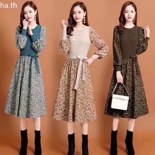 Váy hoa thân len bo tay thắt nơ vintage hàng QC nữ tính