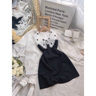 Váy mini đen phối cổ trắng đính hoa (Freesize)