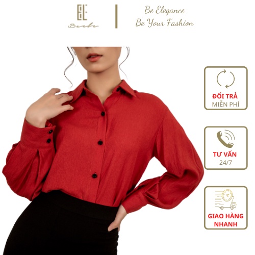 Áo Sơ Mi Tay Phồng Beele - Chất liệu Linen, trơn - Cổ áo sơ mi, tay phồng co dãn nhẹ - Size XS/S/M/L/XL