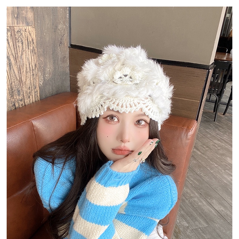 Mũ Dệt Kim Phối Lông Thỏ Ấm Áp Thời Trang Mùa Đông Cho Nữ