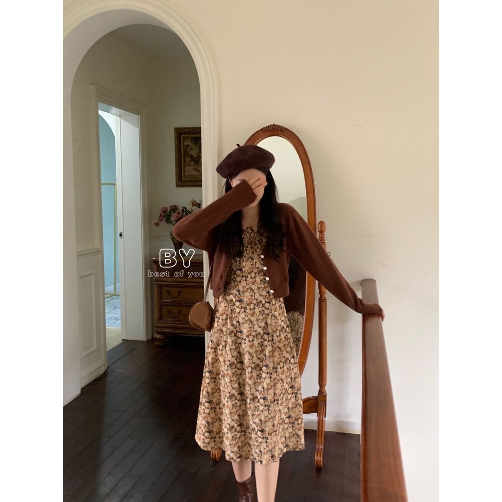 Set váy hoa nhung tăm 2 dây dáng dài kèm áo khoác cadigan dài tay S21106