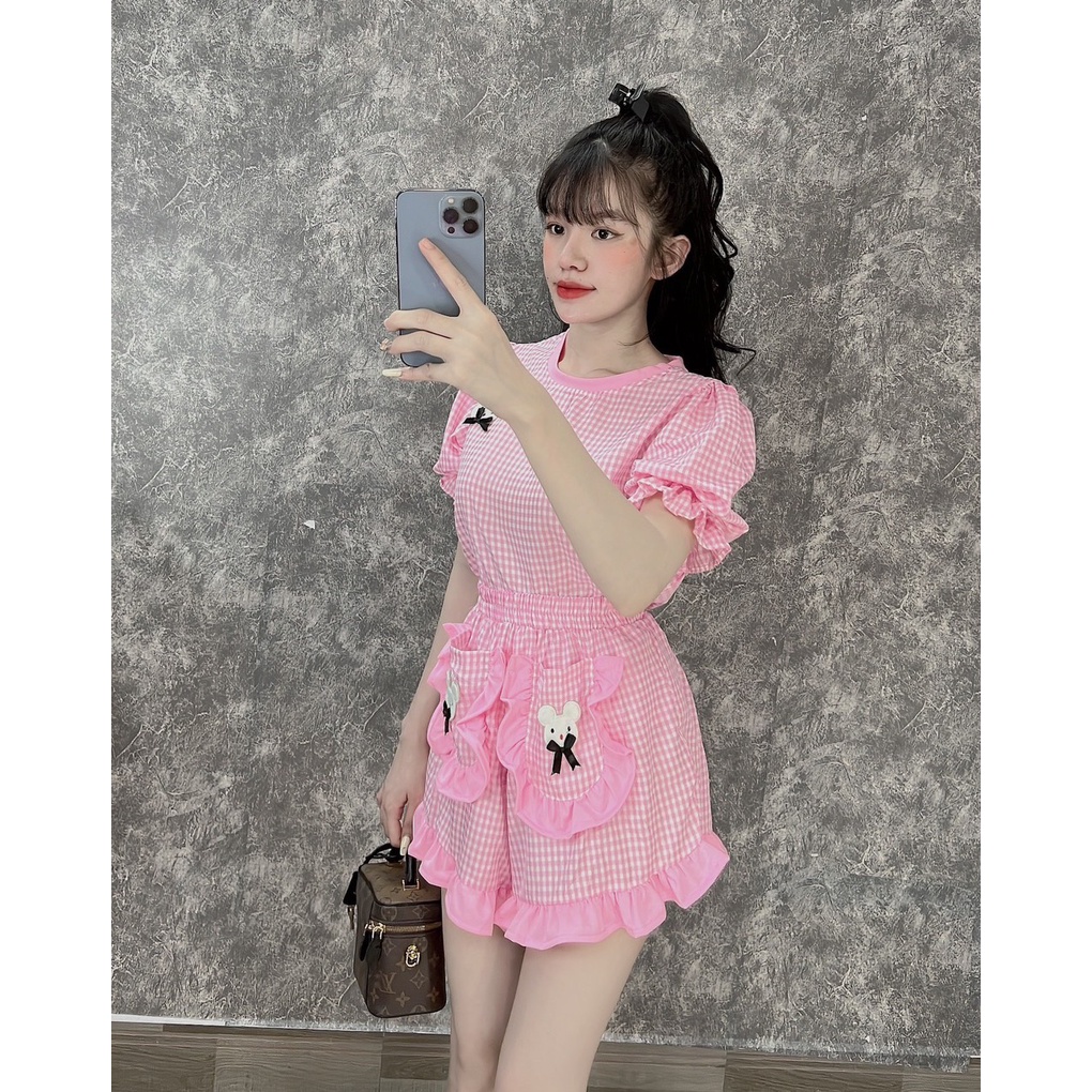 [11.11 Sale Freeship] Set bộ đùi nữ,áo cổ tròn sọc caro áo voan tay bồng thêu hình thỏ kèm quần cộc ngắn viền ren có túi