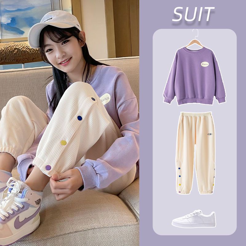Set Đồ Thể Thao Gồm Áo Nỉ Dài Tay Cổ Tròn Và Quần Dài Phong Cách Hàn Quốc Thời Trang Xuân Thu Cho Bé Gái