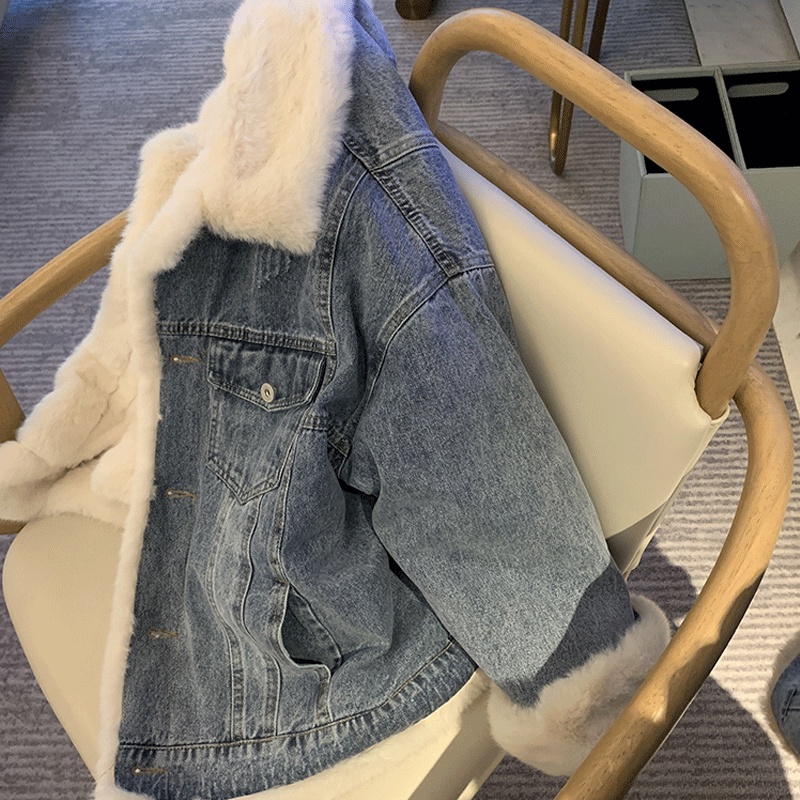 Áo Khoác Denim Lót Lông Cừu Dày Dặn Dáng Rộng Thời Trang Thu Đông Cho Nữ