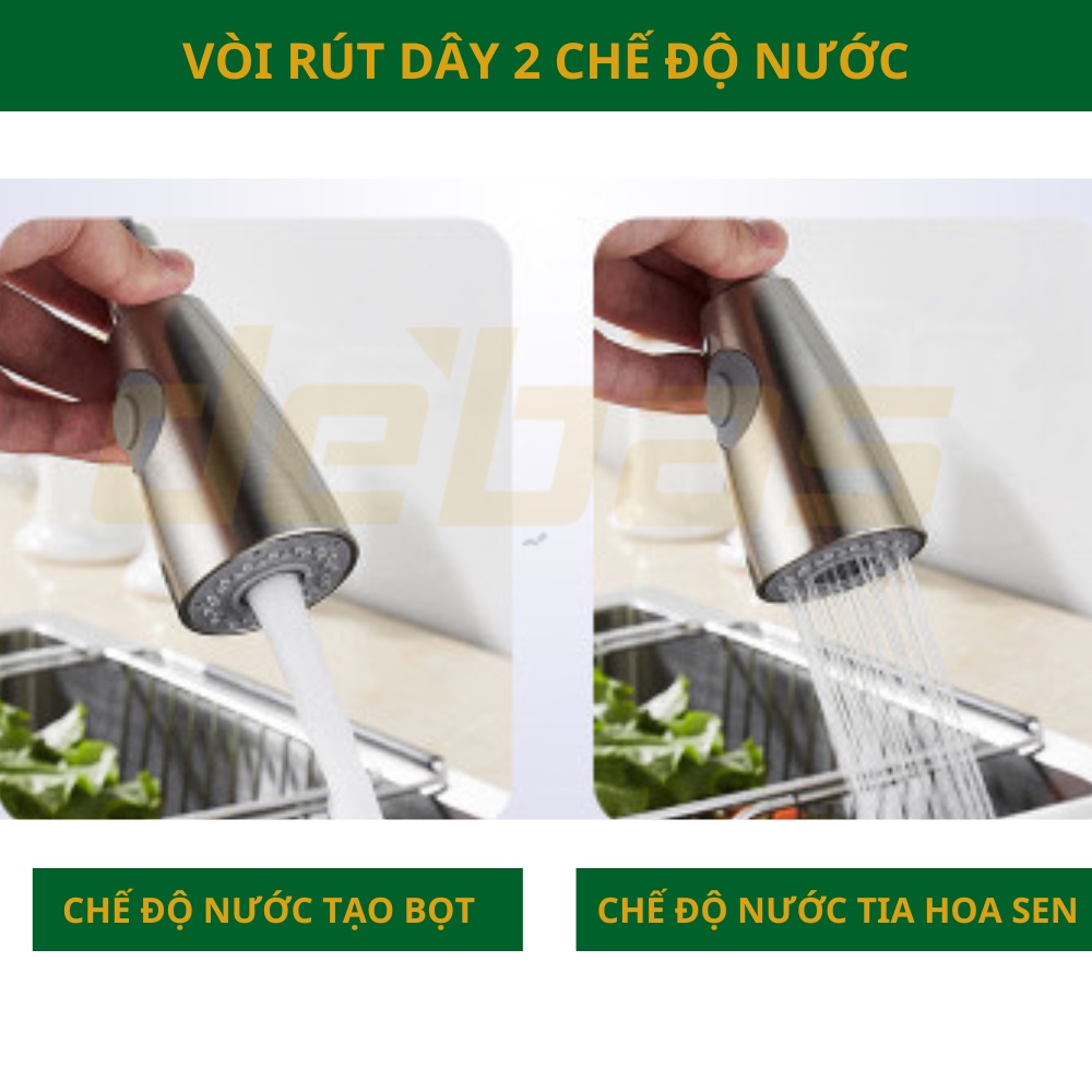 Vòi rửa chén bát dây rút inox 304 hàng đúc nặng cao cấp tặng dây cấp inox nóng lạnh Debas V7212 INOX