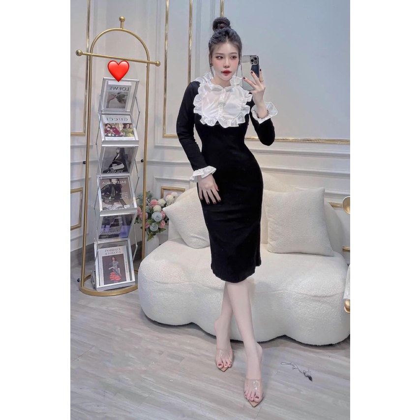 đầm body dáng dài bèo tay trắng chất thun gân phối voan bèo cổ cao
