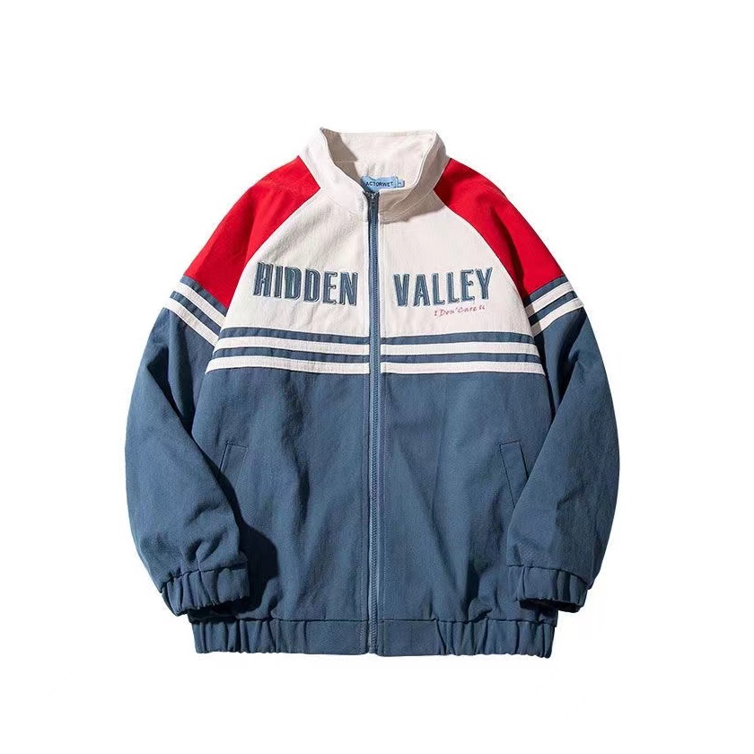 Mỹ Vintage Street Trend "Hidden Valley" Thư thêu màu xanh Splice đứng cổ bóng chày áo khoác cho nam giới và phụ nữ mùa thu Hundred cho các cặp vợ chồng Hàn Quốc Blazer