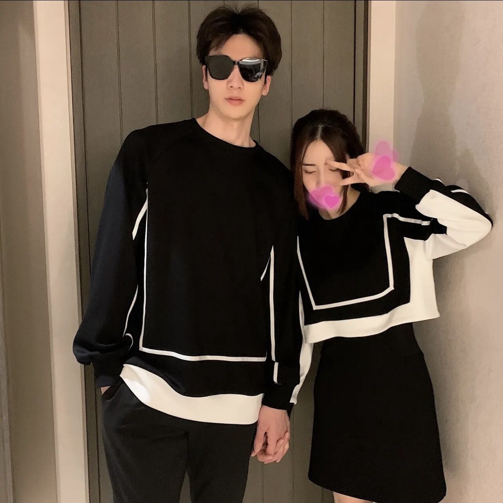 SET ĐỒ ĐÔI TÌNH NHÂN, COUPLE VÁY ĐẦM NỮ VÀ ÁO NỈ NAM DÀI TAY PHỐI MÀU ĐEN TRẮNG CÁ TÍNH MẪU MỚI 2022