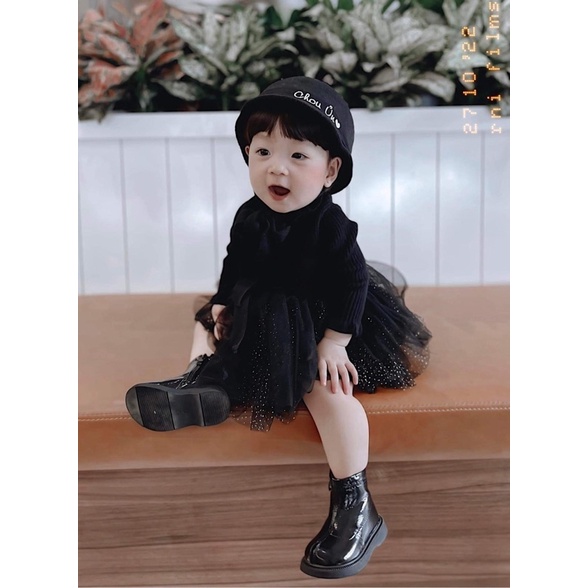 Mũ len lưỡi trai thêu tên độc quyền bé trai bé gái có dây quai buộc chống rơi