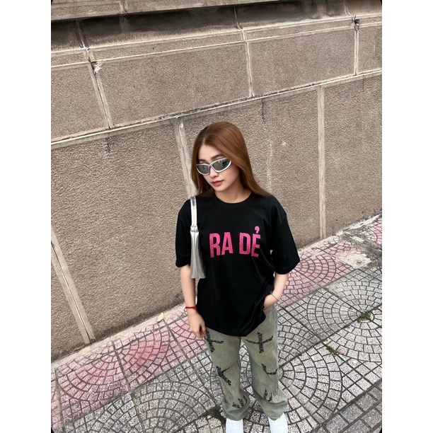 Áo thun Unisex Trouve RA DẺ in nhũ hồng kim tuyến cotton 100% oversize