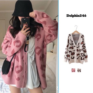 Áo khoác len cardigan nữ Hàn Quốc da báo beo hồng trắng nữ tính form rộng cổ chữ V phong cách cá tính thời trang S-2