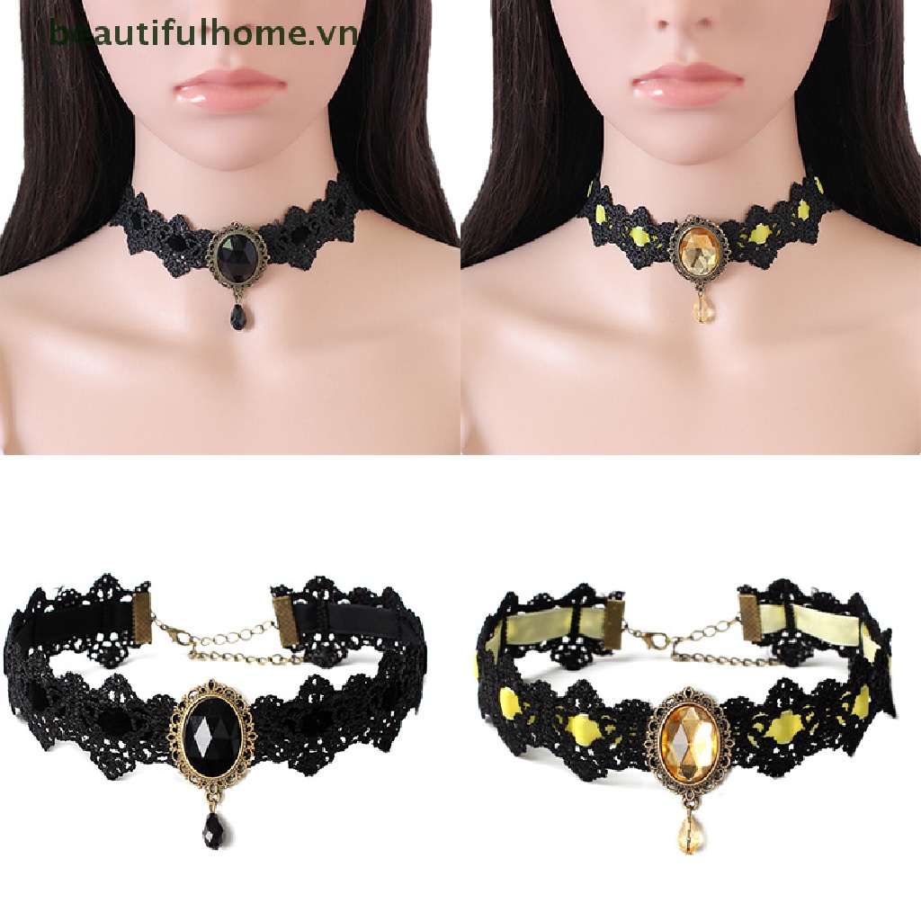 [beautifulhome] Vòng Cổ Choker Ren Nhung Đen Đính Pha Lê Phong Cách Gothic Cổ Điển [beauty]