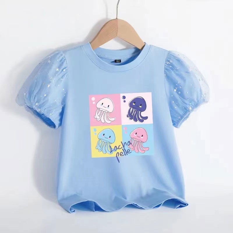 Áo Thun Tay Ngắn Phồng Bằng Cotton In Họa Tiết Dành Cho Bé Gái