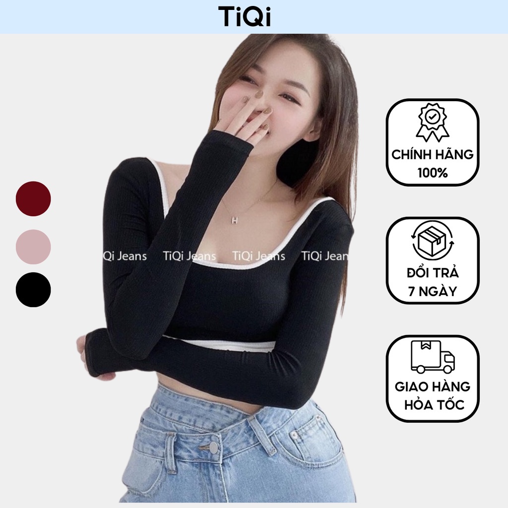Áo croptop nữ tay dài cổ vuông viền ,ôm body thời trang nhiều màu TiQi Jeans A172